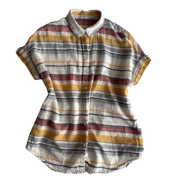 BEACHLUNCHLOUNGE Women’s Boho Striped Linen/Cotton Short Sleeve Button-Up Shirt - Picture 9 of 12